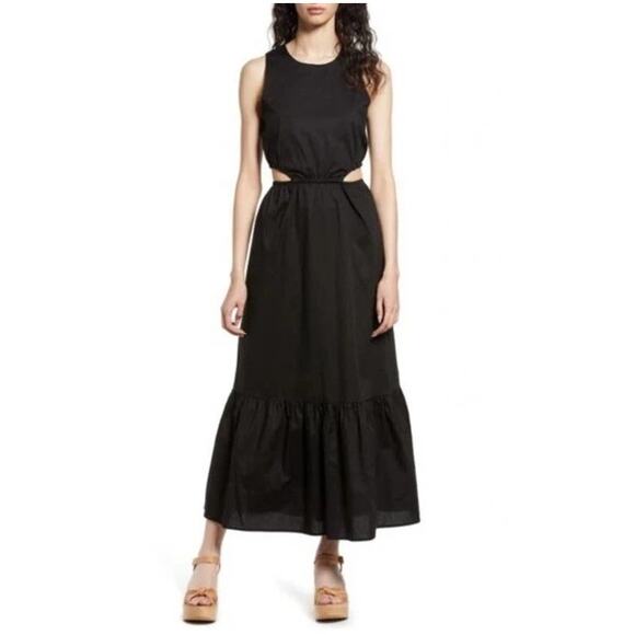 [WAYF] Black Rae Side Cut Out Waist Ruffle Hem Tiered Maxi Dress Cotton Sz Large - Picture 1 of 11